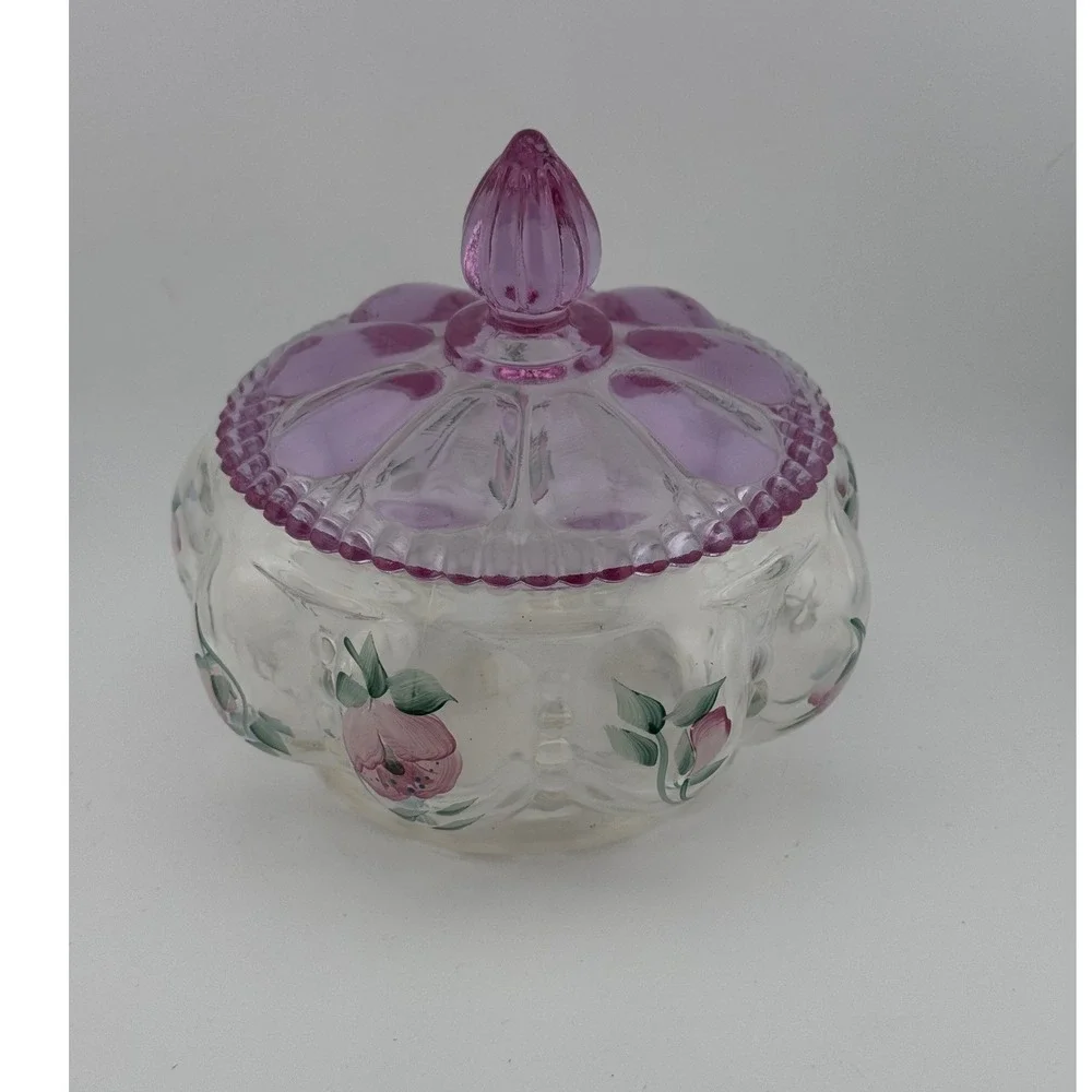 Vintage Fenton Trellis Melon Hand Painted Candy Trinket Dish with Lid